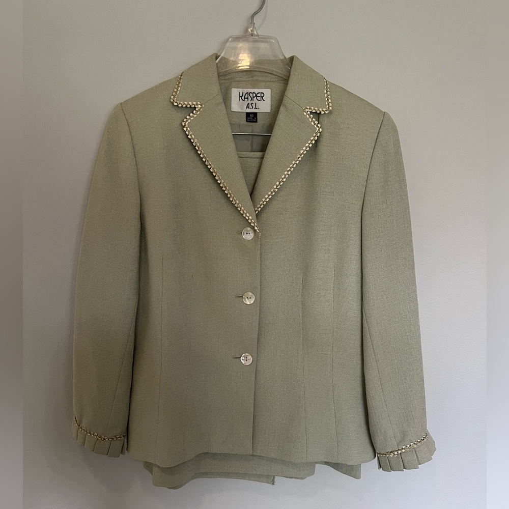 Kasper A.S.L. Skirt Suit Set Size 10 Sage Green Blazer & Pencil Skirt Vintage